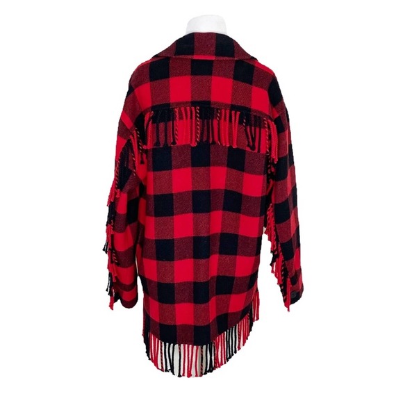 Sandro Paris Check Plaid Fringed-Trim Wool-Blend Jacket In Rouge/noir Red Size 4 - Picture 7 of 11